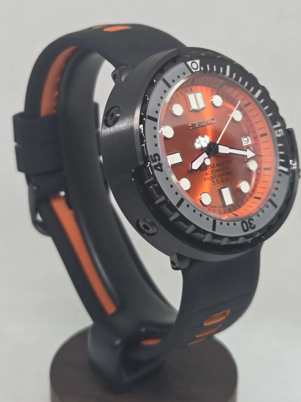 Custom 47mm Automatic Seiko Mod Watch NH35 Black and Orange Tuna Canned Diver